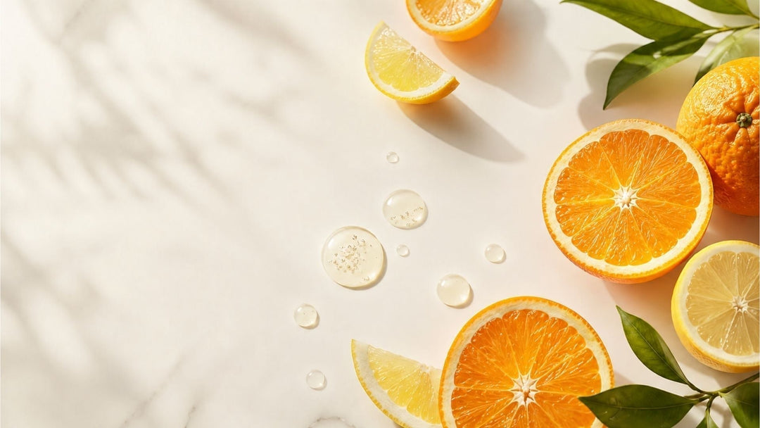 Citrus fruit and a lightweight serum texture on a marble surface, representing Vitamin C skincare ingredients