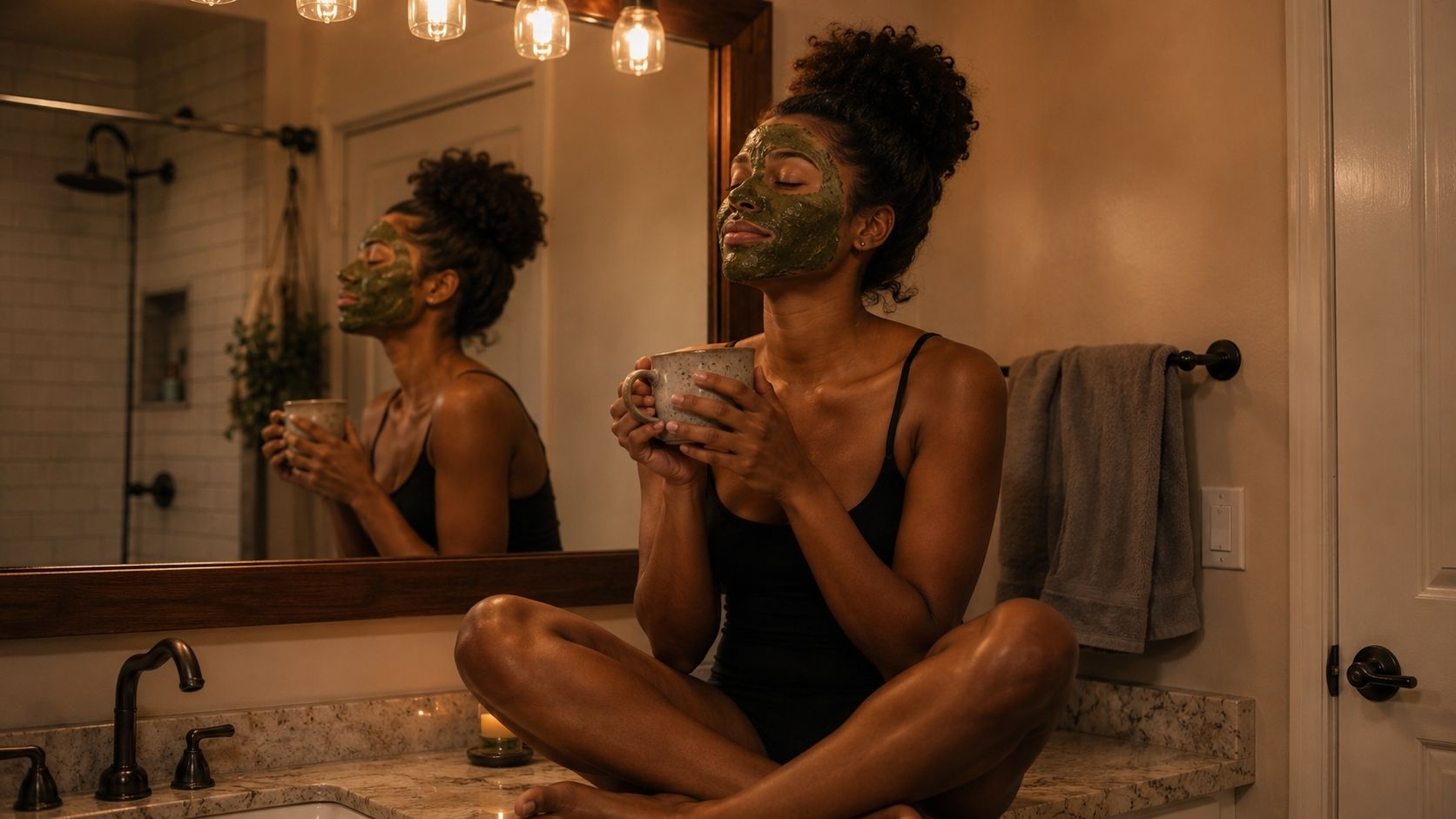 Woman with deep brown skin relaxing on a bathroom counter with a textured army green botanical face mask and ceramic mug, warm vanity lighting reflecting off the wet mask surface in a calm nighttime skincare ritual.