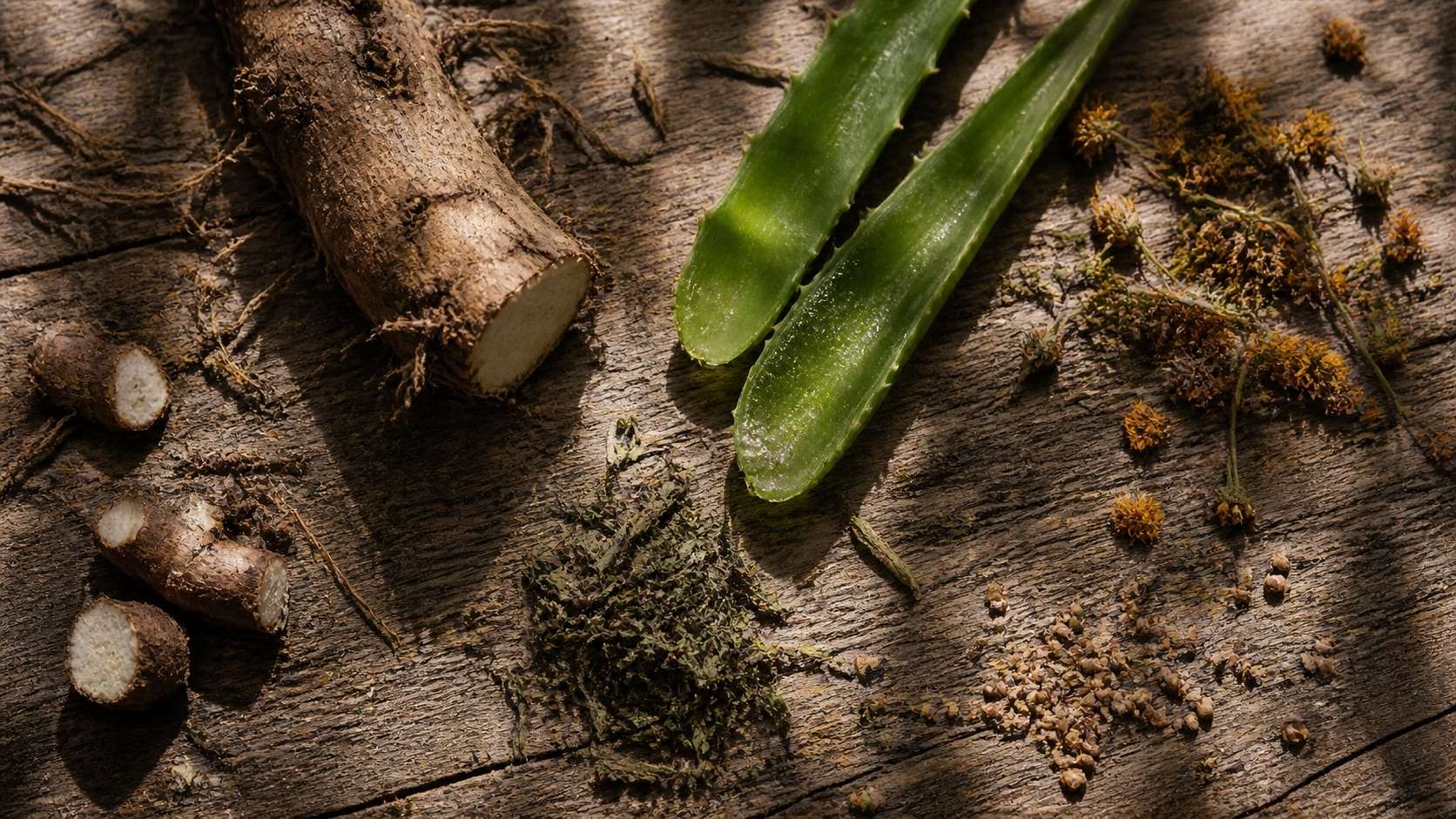 Overhead view of raw botanical skincare ingredients scattered across aged wood, including wild yam root, split aloe leaves, dried green tea, calendula sprigs, and bakuchiol seeds in soft dappled natural light.
