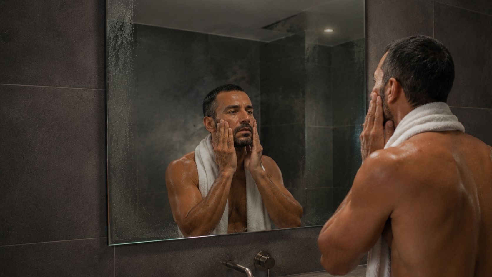 Man with short beard applying skincare to damp skin in a dark minimalist bathroom, reflected in a fogged mirror with soft steam and moody cinematic lighting after a shower.