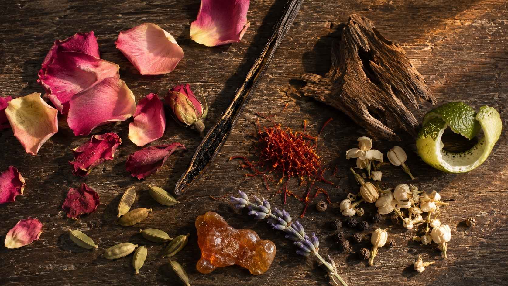 Overhead arrangement of raw fragrance ingredients on aged dark wood, including rose petals, vanilla pod, oud wood, saffron, jasmine, bergamot rind, lavender, amber resin, cardamom pods, and peppercorns in warm golden hour light.
