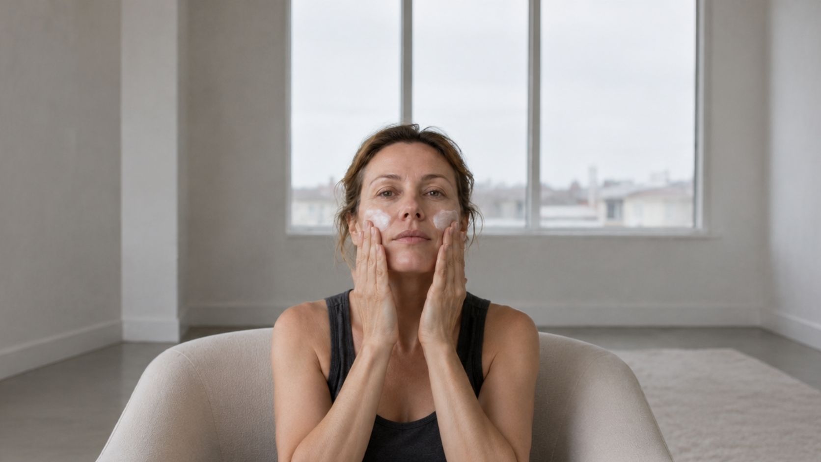 Woman applying rich face cream in a minimal living room with soft natural light and calm skincare routine.