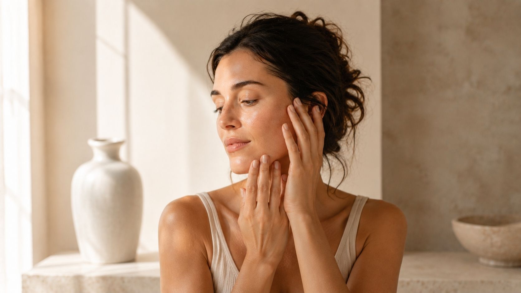 Woman applying facial serum with gentle fingertips in soft natural window light, glowing hydrated skin in warm neutral interior, intimate luxury skincare self-care ritual, minimalist beauty lifestyle portrait.