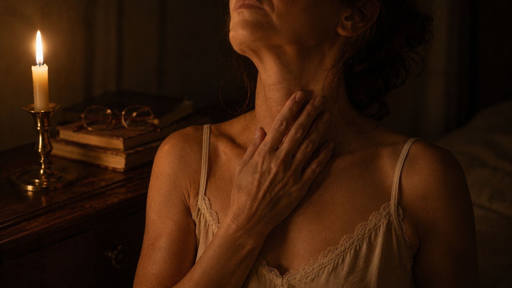 Mature woman gently massaging her neck in warm candlelight beside stacked books and reading glasses, intimate nighttime skincare ritual with natural skin texture and soft amber shadows.