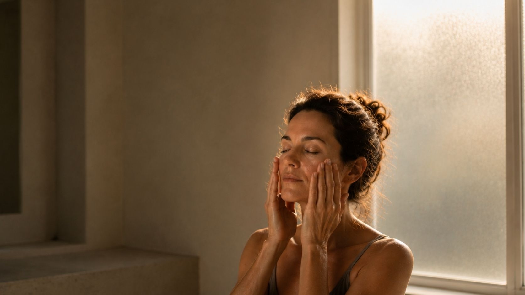 Woman gently pressing serum into her face in a softly lit minimalist bathroom, warm morning light glowing through a frosted window behind her during a quiet skincare ritual.