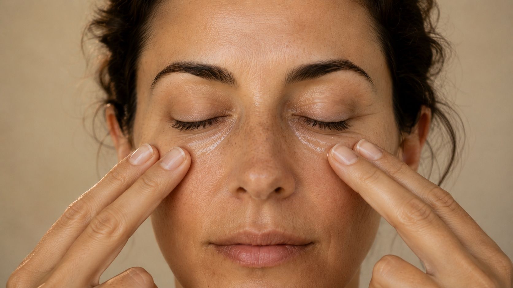 Woman gently tapping eye serum beneath both eyes in soft natural light, close-up skincare ritual with visible glossy texture, natural skin detail, and calm minimalist beauty aesthetic.