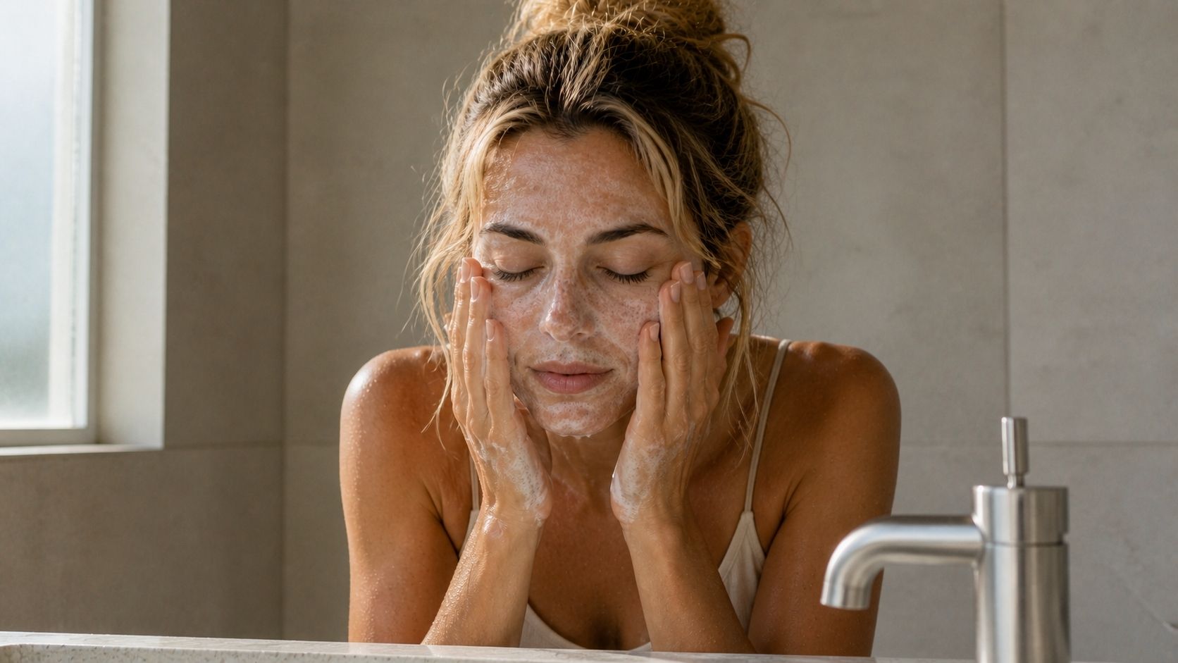Woman with blonde hair gently cleansing her face with soft foaming face wash in natural window light, intimate minimalist skincare routine with realistic sudsy texture and fresh bare skin.