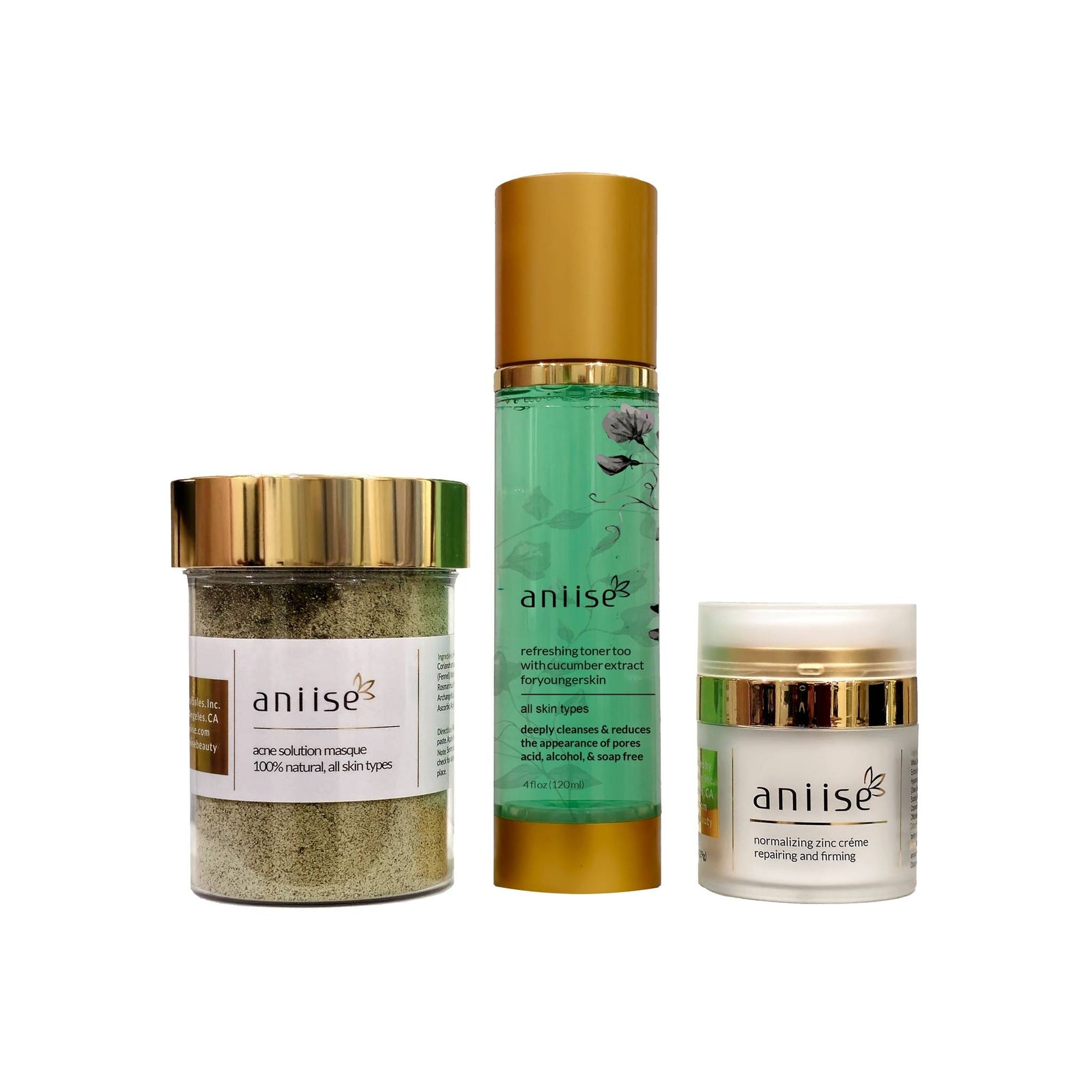 Aniise Acne Solution Kit — botanical mask zinc cream and toner for clear skin, vegan sulfate-free cruelty-free made in USA